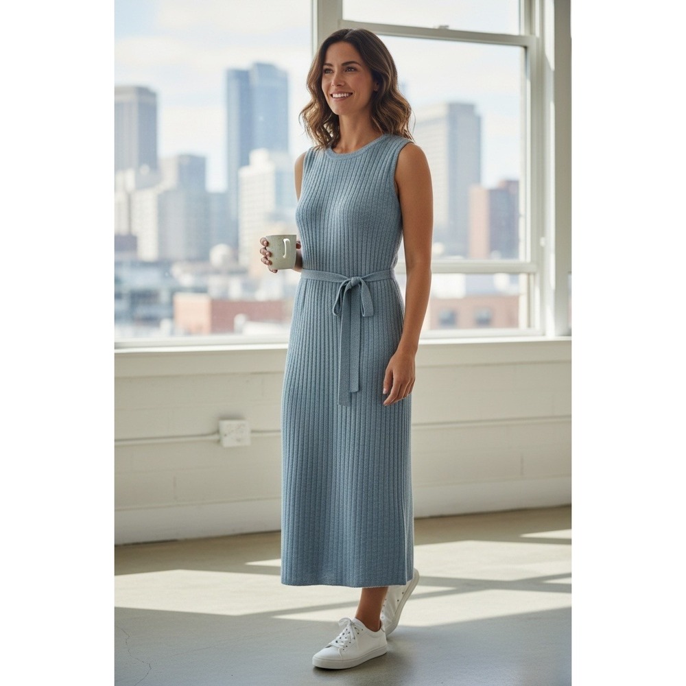 Spinnerin Light Blue Ribbed Knit Sleeveless Midi Dress w/ Belt 1960s Virgin Wool
